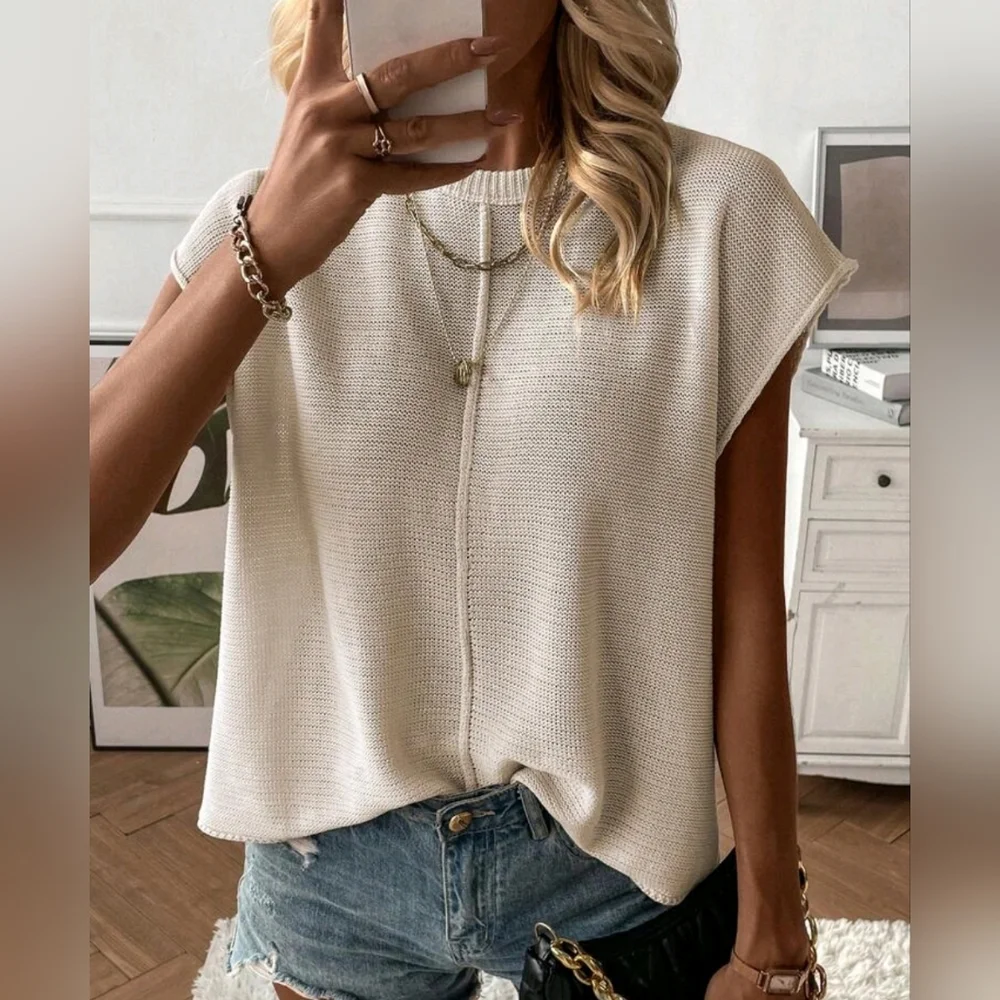 New Chic Loose Knit Sleeveless Top Cream Beige Tan Off White - Picture 4 of 9